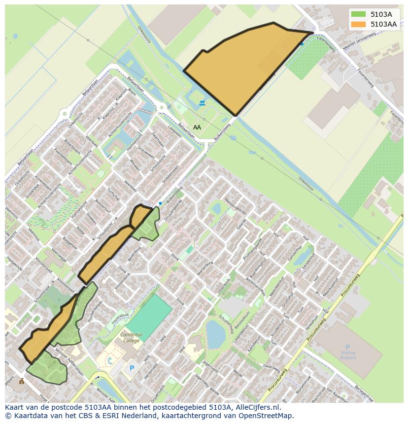 Afbeelding van het postcodegebied 5103 AA op de kaart.