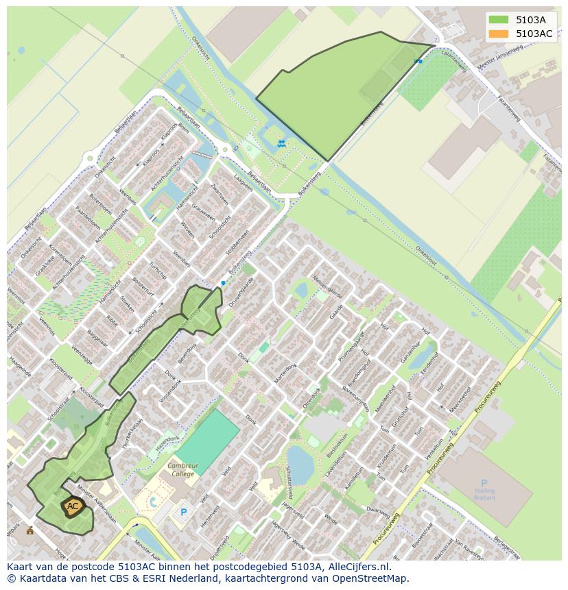 Afbeelding van het postcodegebied 5103 AC op de kaart.
