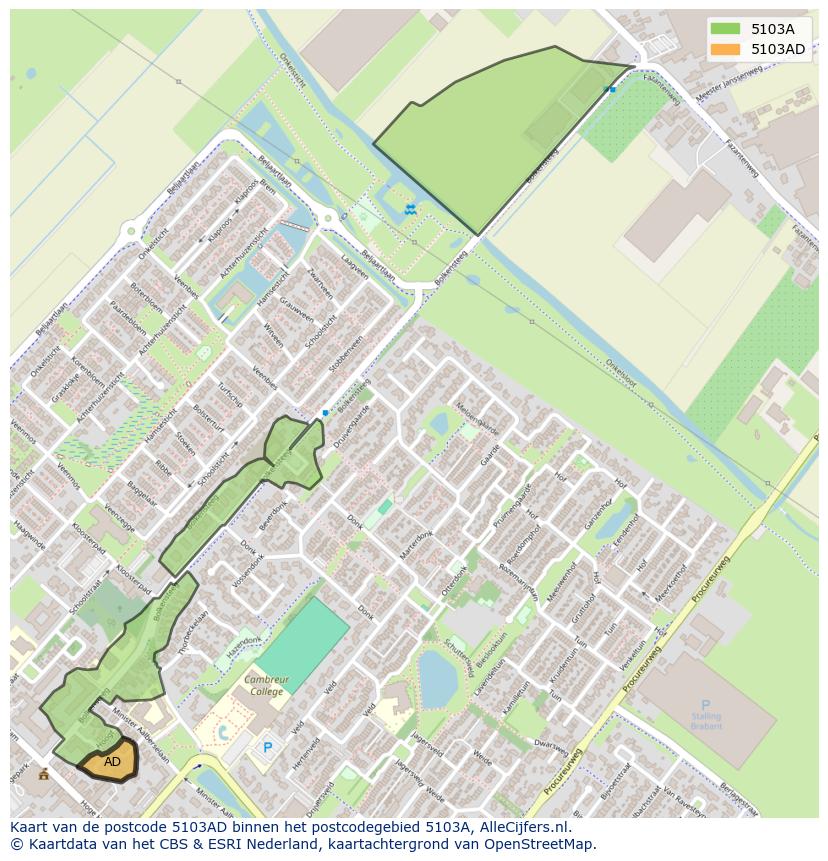 Afbeelding van het postcodegebied 5103 AD op de kaart.