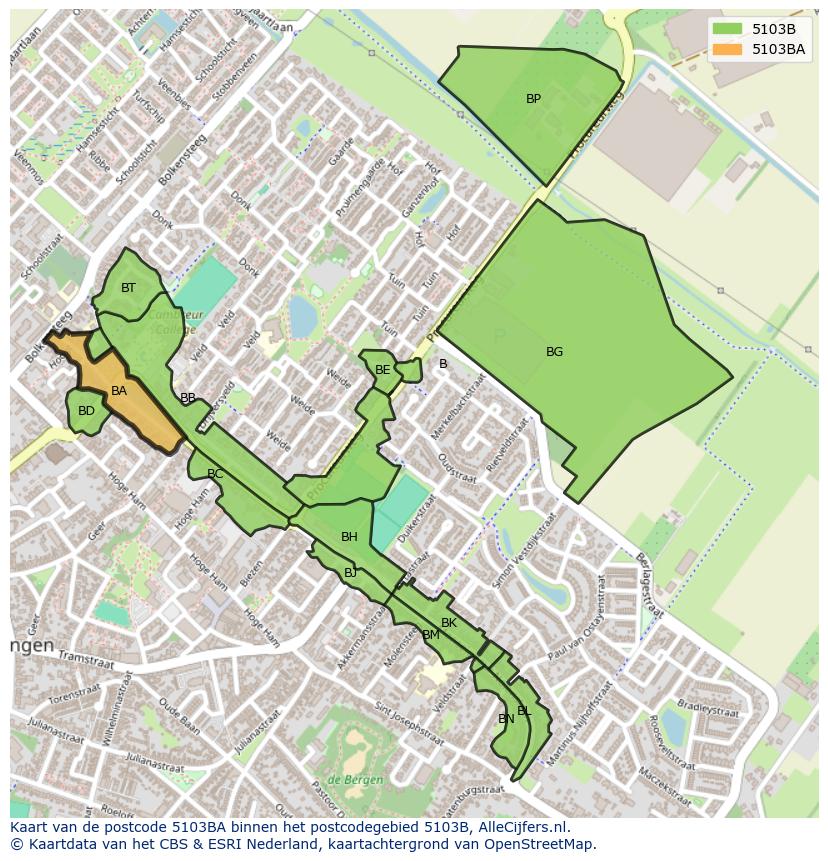 Afbeelding van het postcodegebied 5103 BA op de kaart.