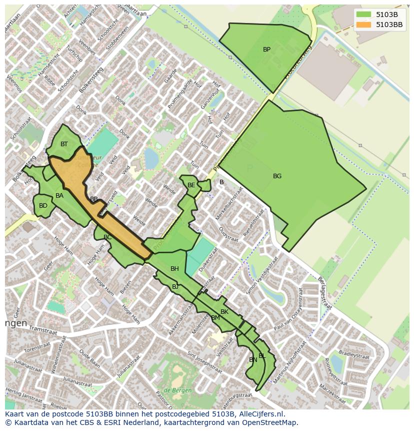 Afbeelding van het postcodegebied 5103 BB op de kaart.