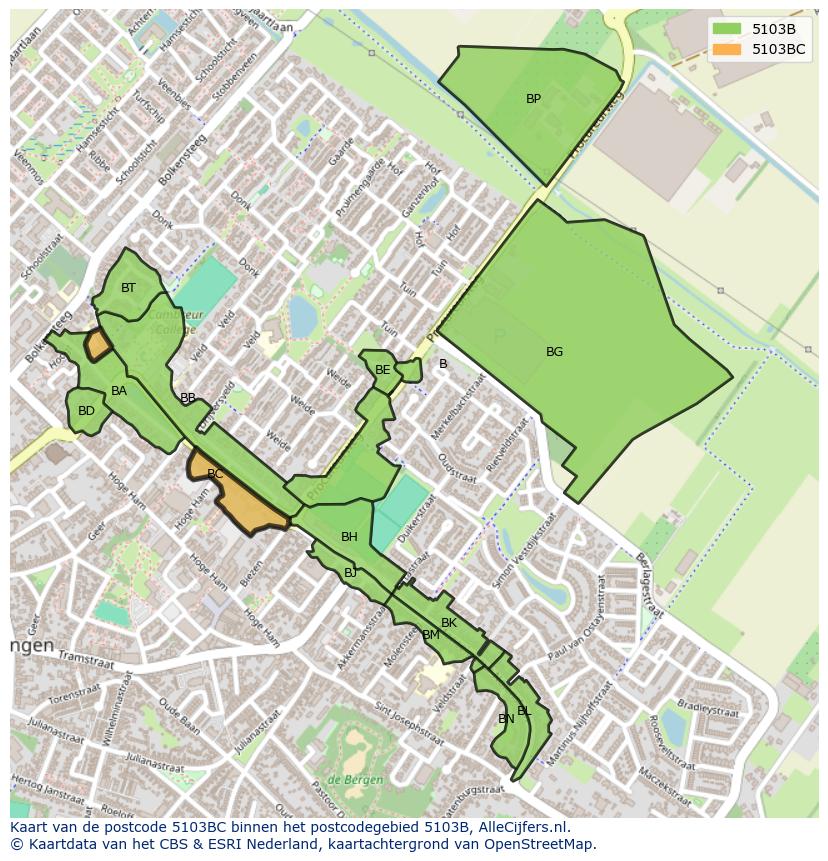 Afbeelding van het postcodegebied 5103 BC op de kaart.
