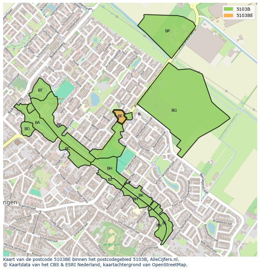 Afbeelding van het postcodegebied 5103 BE op de kaart.