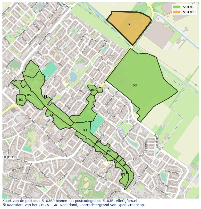 Afbeelding van het postcodegebied 5103 BP op de kaart.