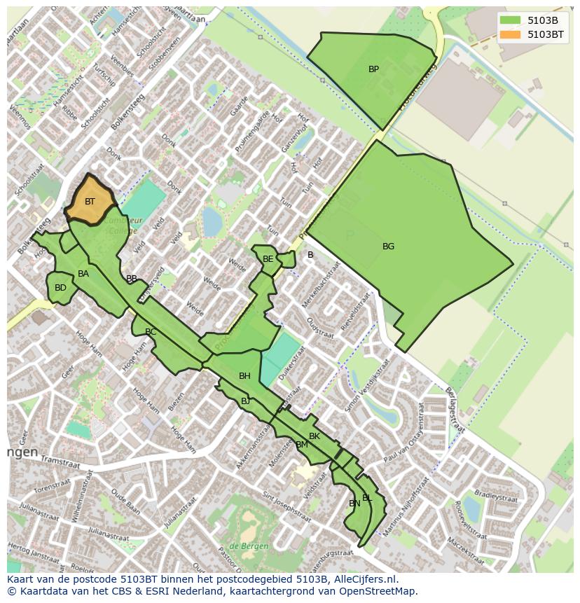 Afbeelding van het postcodegebied 5103 BT op de kaart.