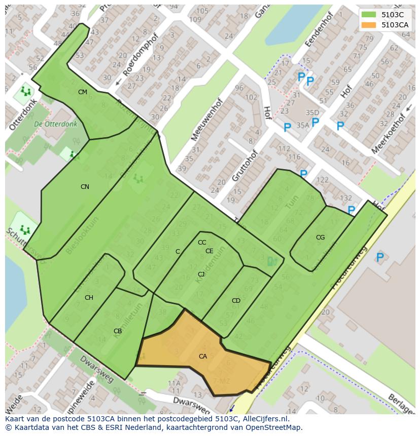 Afbeelding van het postcodegebied 5103 CA op de kaart.