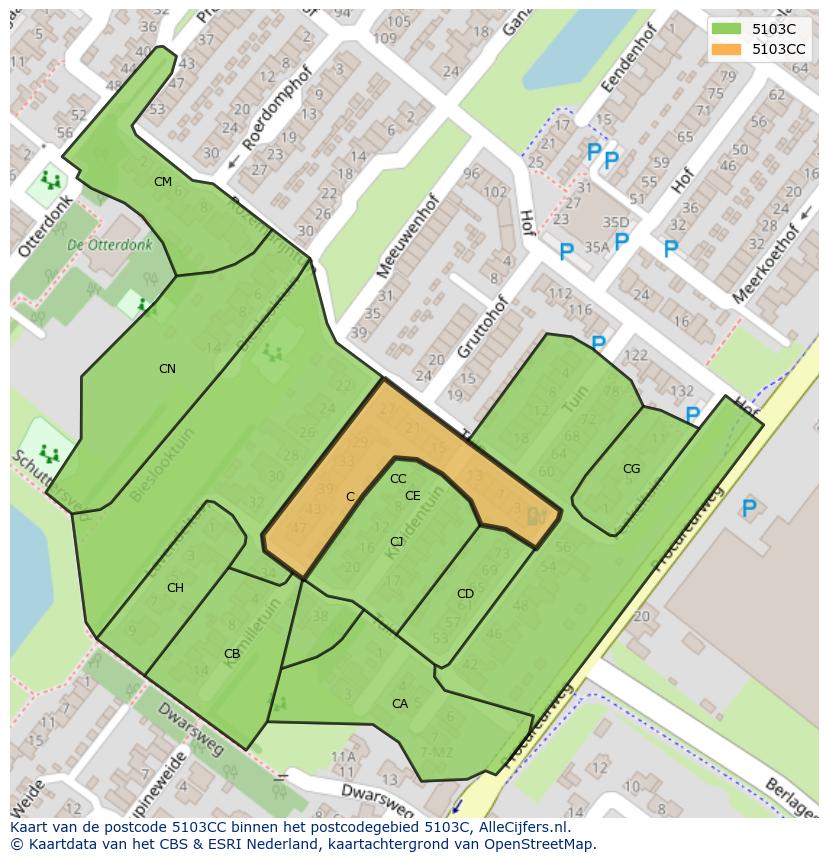 Afbeelding van het postcodegebied 5103 CC op de kaart.