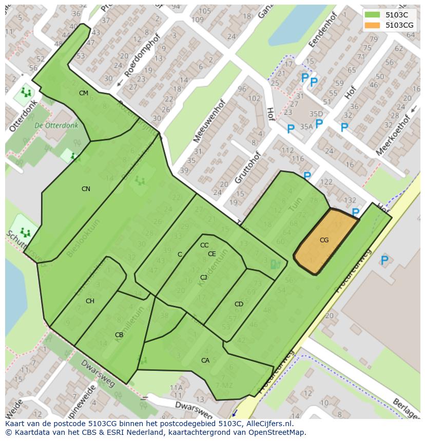 Afbeelding van het postcodegebied 5103 CG op de kaart.