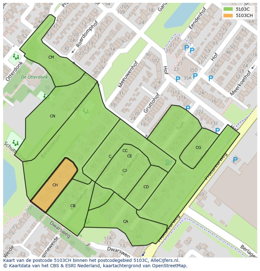 Afbeelding van het postcodegebied 5103 CH op de kaart.