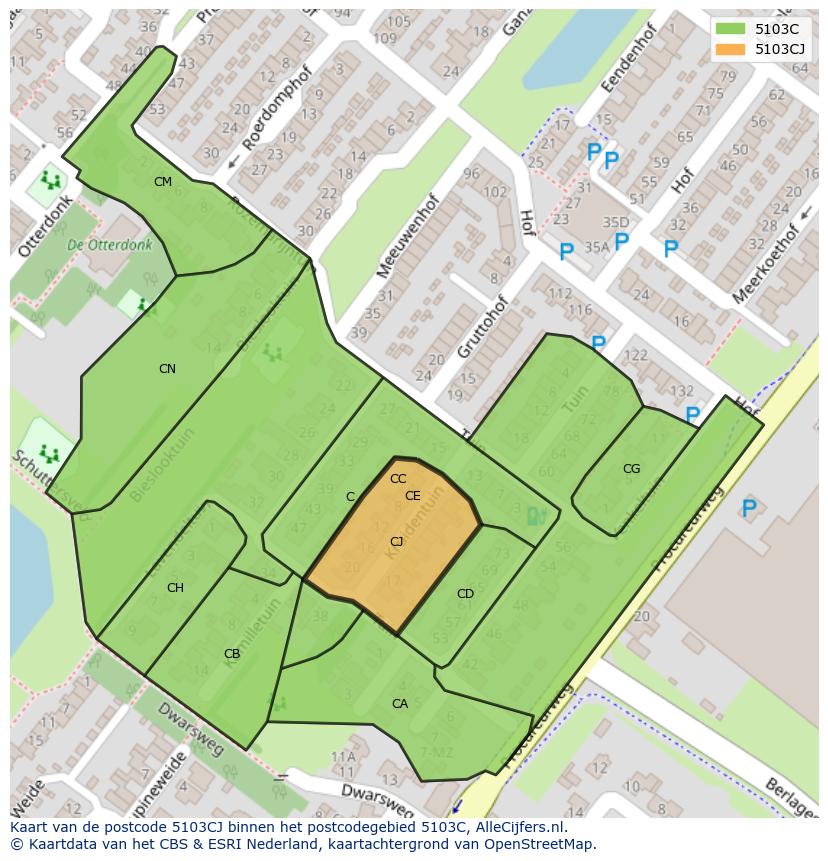 Afbeelding van het postcodegebied 5103 CJ op de kaart.
