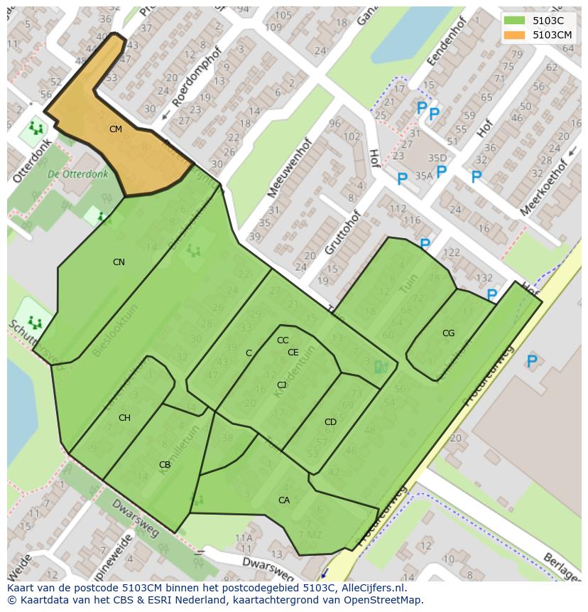 Afbeelding van het postcodegebied 5103 CM op de kaart.