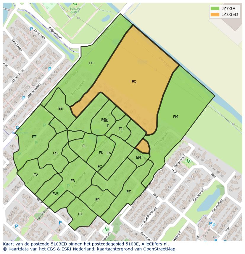 Afbeelding van het postcodegebied 5103 ED op de kaart.