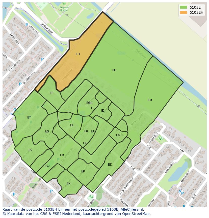 Afbeelding van het postcodegebied 5103 EH op de kaart.