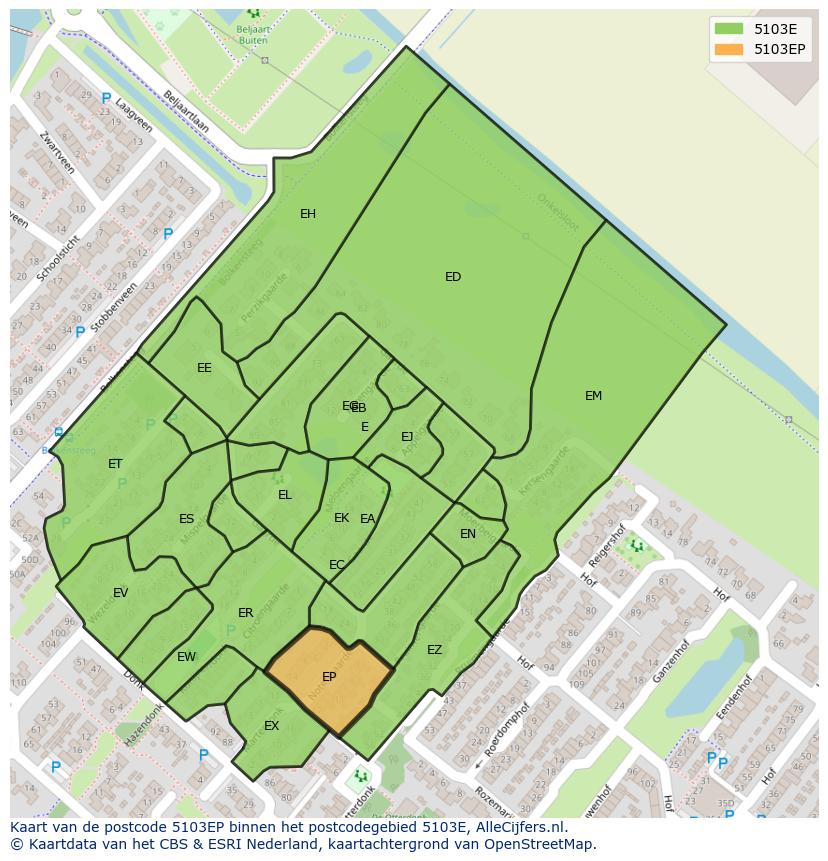 Afbeelding van het postcodegebied 5103 EP op de kaart.