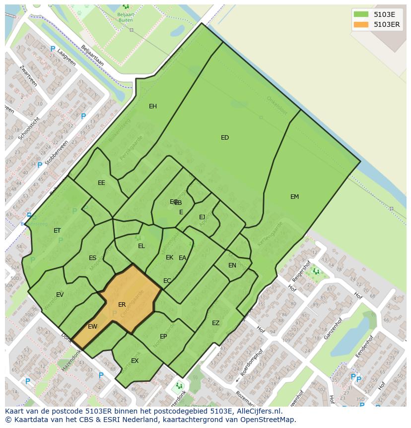 Afbeelding van het postcodegebied 5103 ER op de kaart.