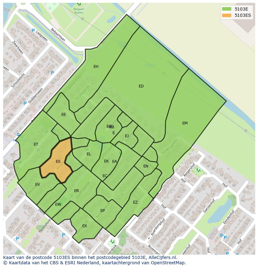 Afbeelding van het postcodegebied 5103 ES op de kaart.