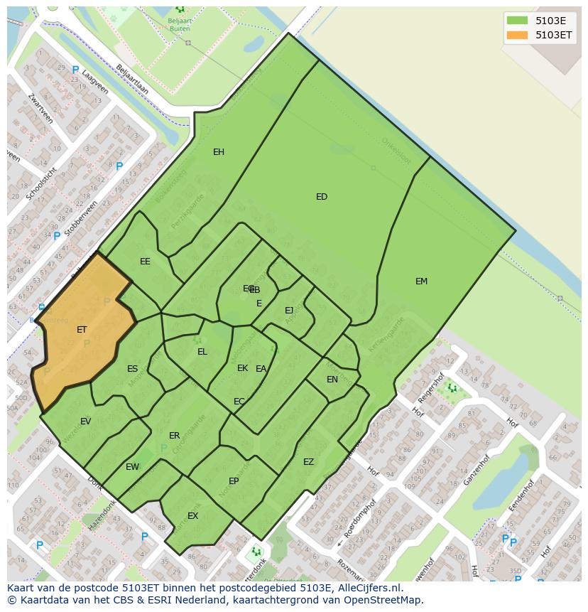 Afbeelding van het postcodegebied 5103 ET op de kaart.