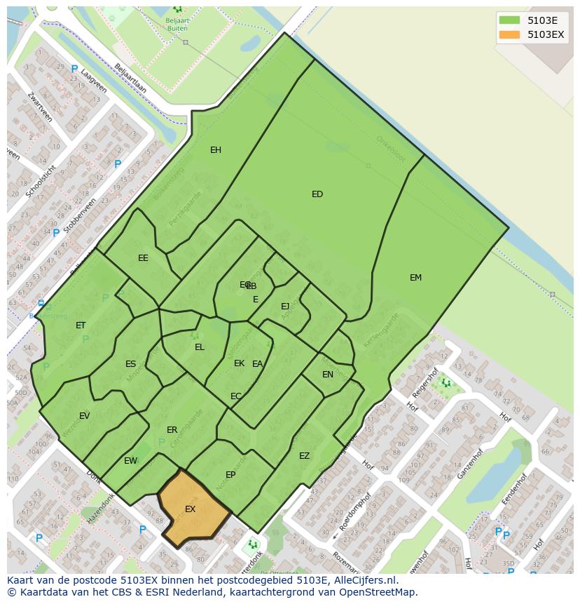 Afbeelding van het postcodegebied 5103 EX op de kaart.
