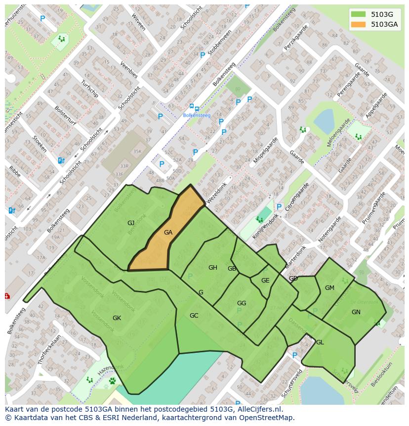 Afbeelding van het postcodegebied 5103 GA op de kaart.