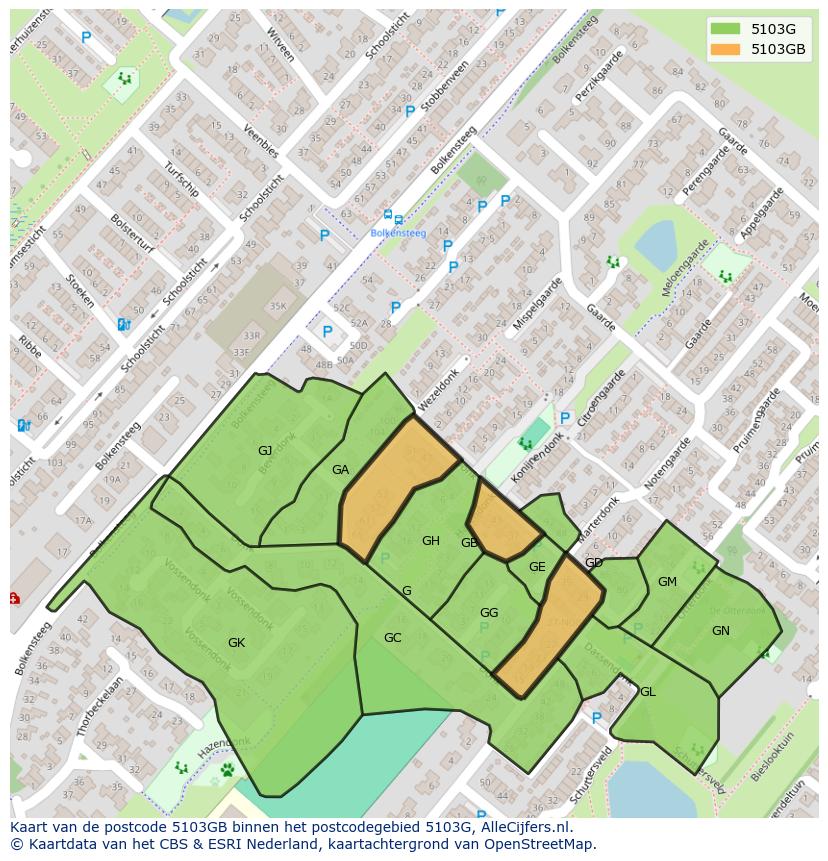 Afbeelding van het postcodegebied 5103 GB op de kaart.