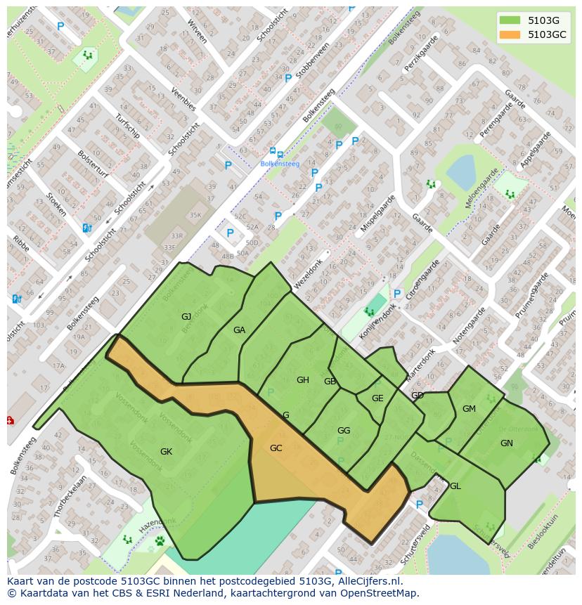Afbeelding van het postcodegebied 5103 GC op de kaart.