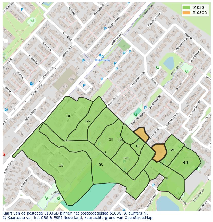 Afbeelding van het postcodegebied 5103 GD op de kaart.