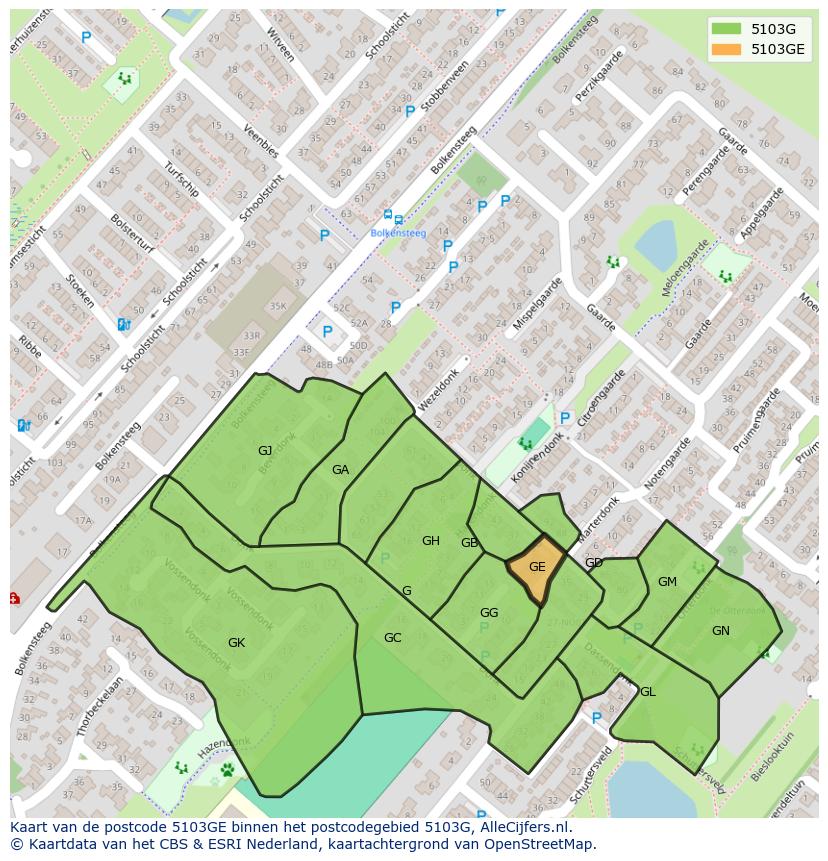 Afbeelding van het postcodegebied 5103 GE op de kaart.