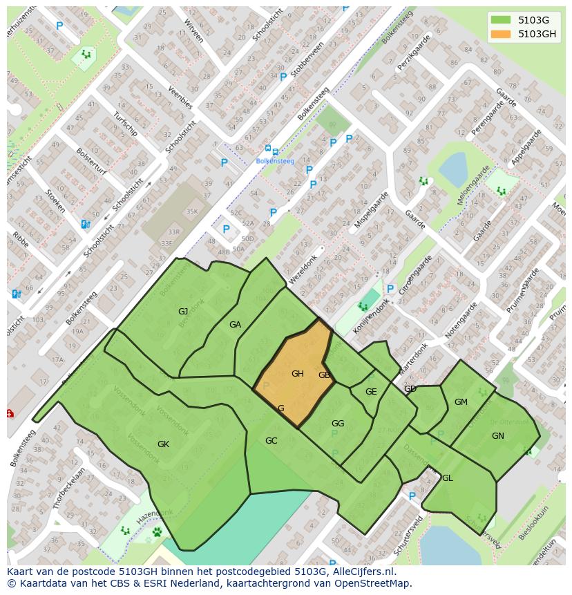 Afbeelding van het postcodegebied 5103 GH op de kaart.