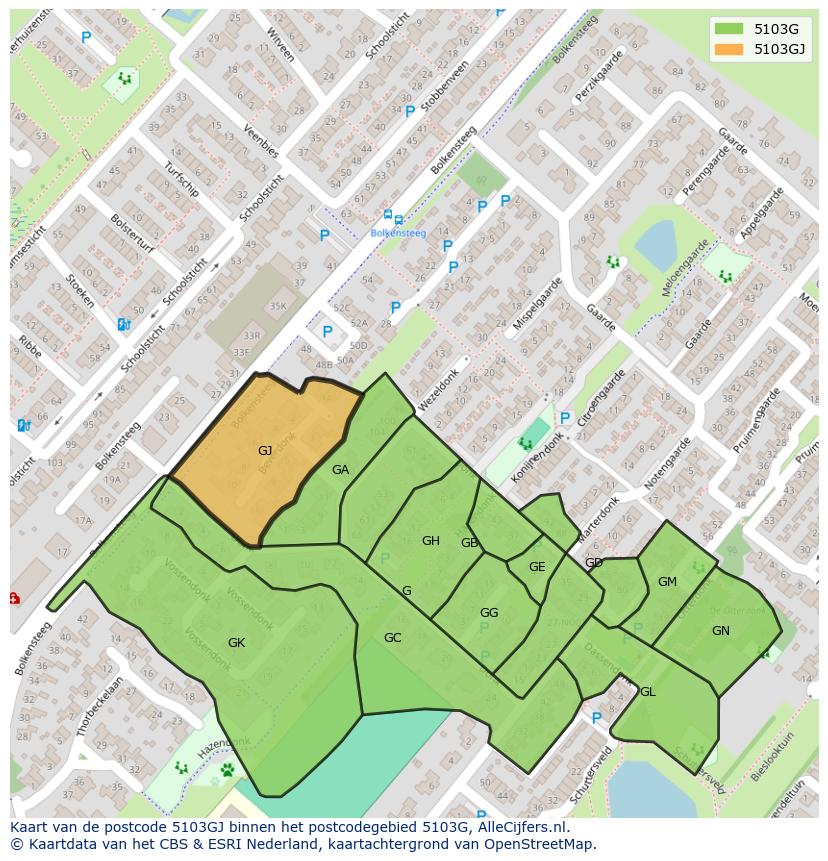 Afbeelding van het postcodegebied 5103 GJ op de kaart.