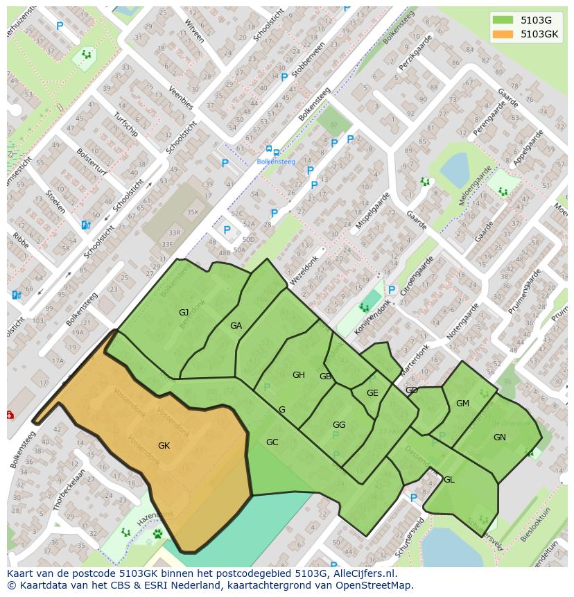 Afbeelding van het postcodegebied 5103 GK op de kaart.
