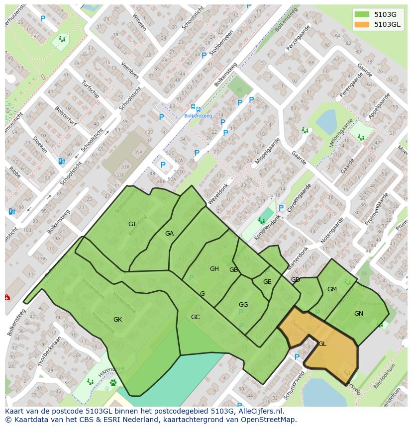 Afbeelding van het postcodegebied 5103 GL op de kaart.