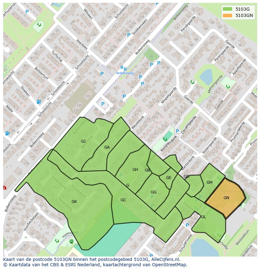 Afbeelding van het postcodegebied 5103 GN op de kaart.