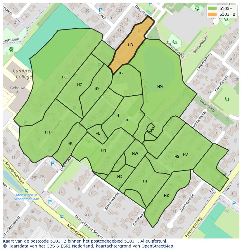 Afbeelding van het postcodegebied 5103 HB op de kaart.