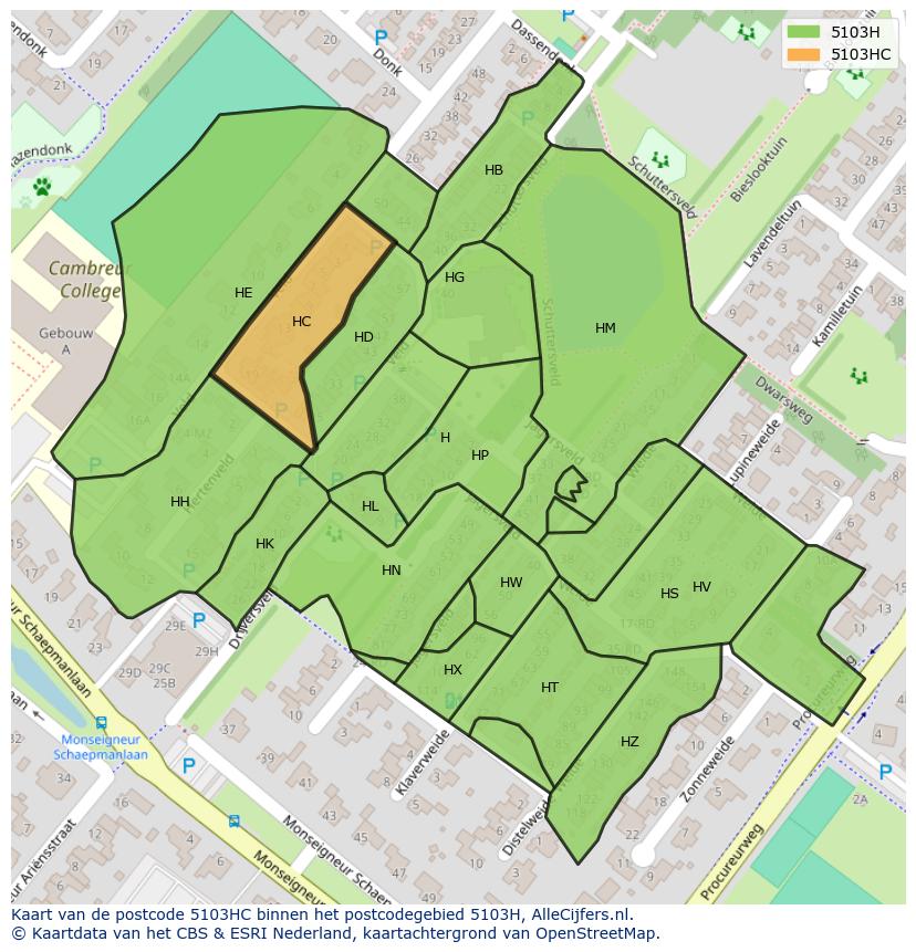 Afbeelding van het postcodegebied 5103 HC op de kaart.