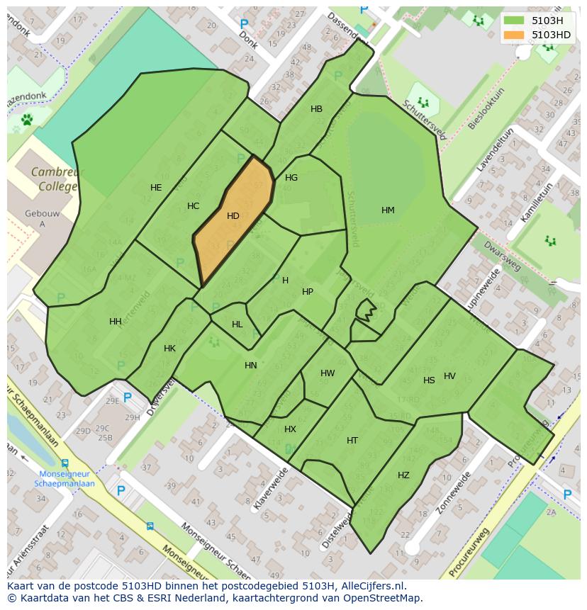 Afbeelding van het postcodegebied 5103 HD op de kaart.