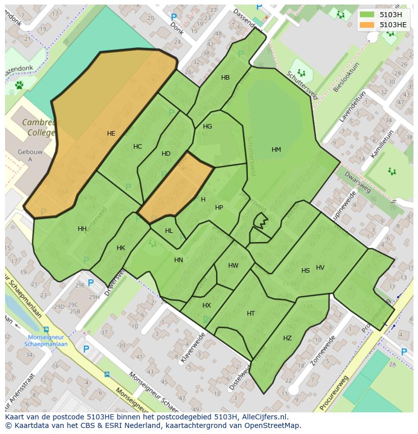 Afbeelding van het postcodegebied 5103 HE op de kaart.