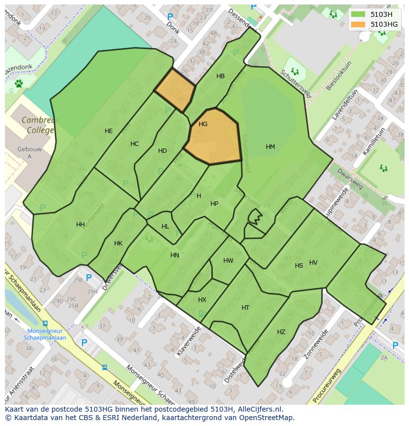 Afbeelding van het postcodegebied 5103 HG op de kaart.