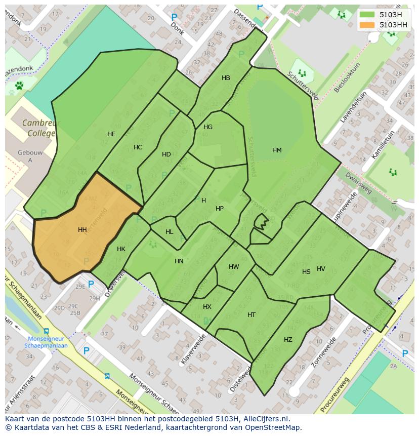 Afbeelding van het postcodegebied 5103 HH op de kaart.