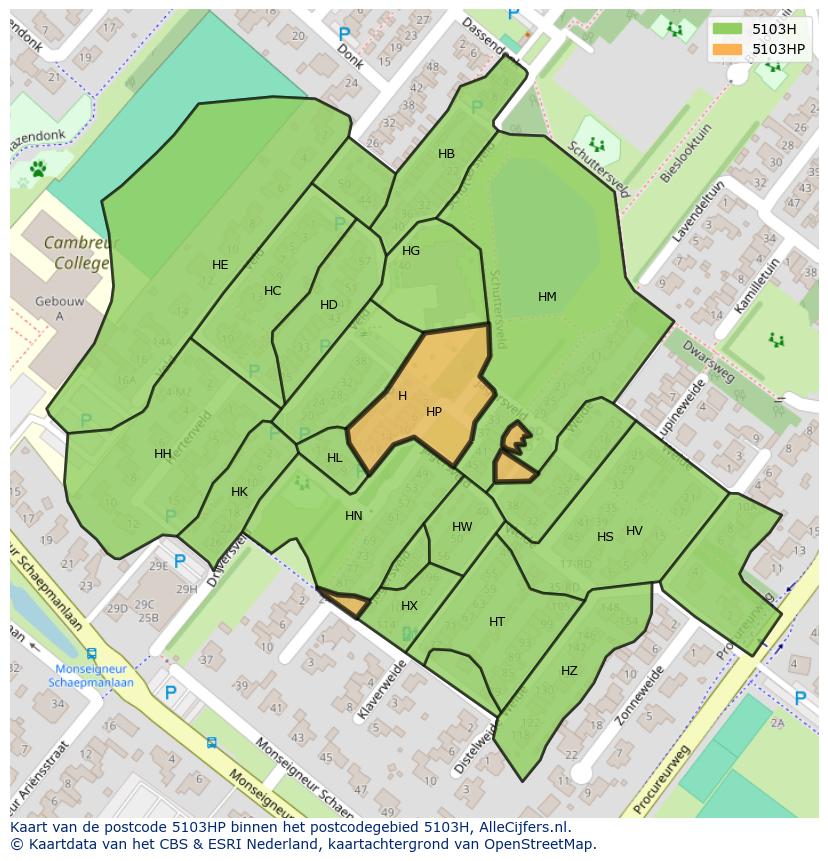 Afbeelding van het postcodegebied 5103 HP op de kaart.