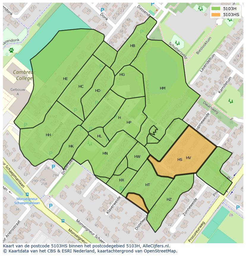 Afbeelding van het postcodegebied 5103 HS op de kaart.