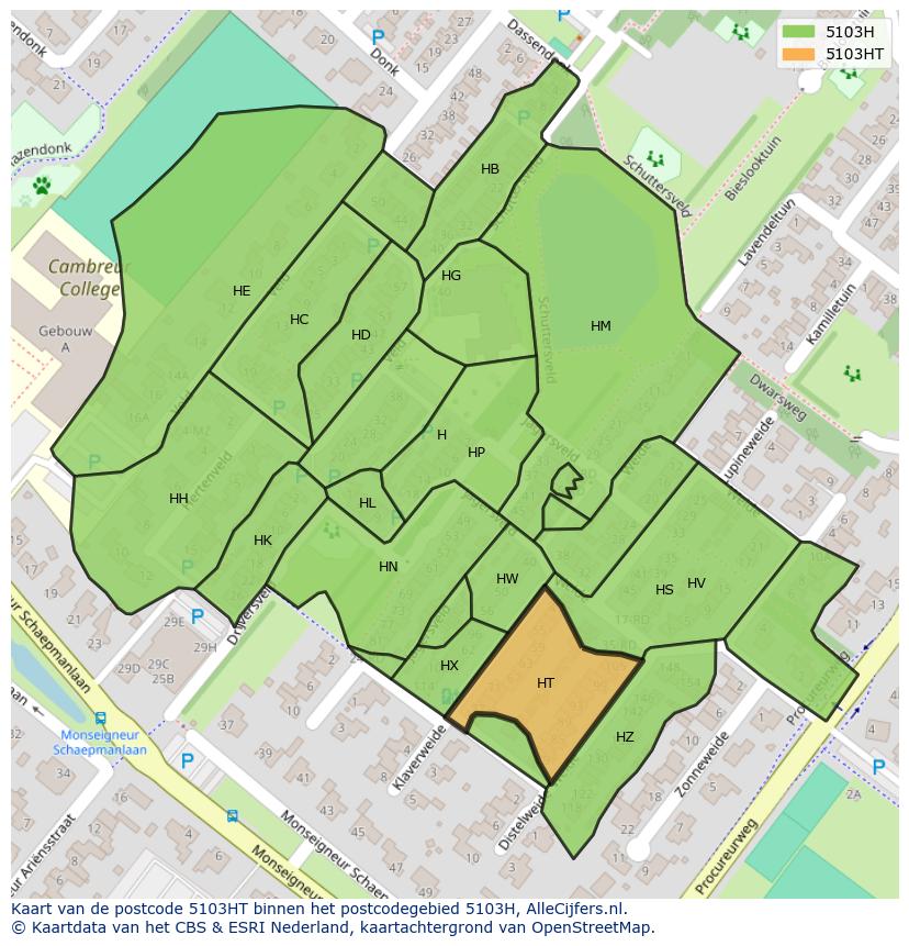 Afbeelding van het postcodegebied 5103 HT op de kaart.