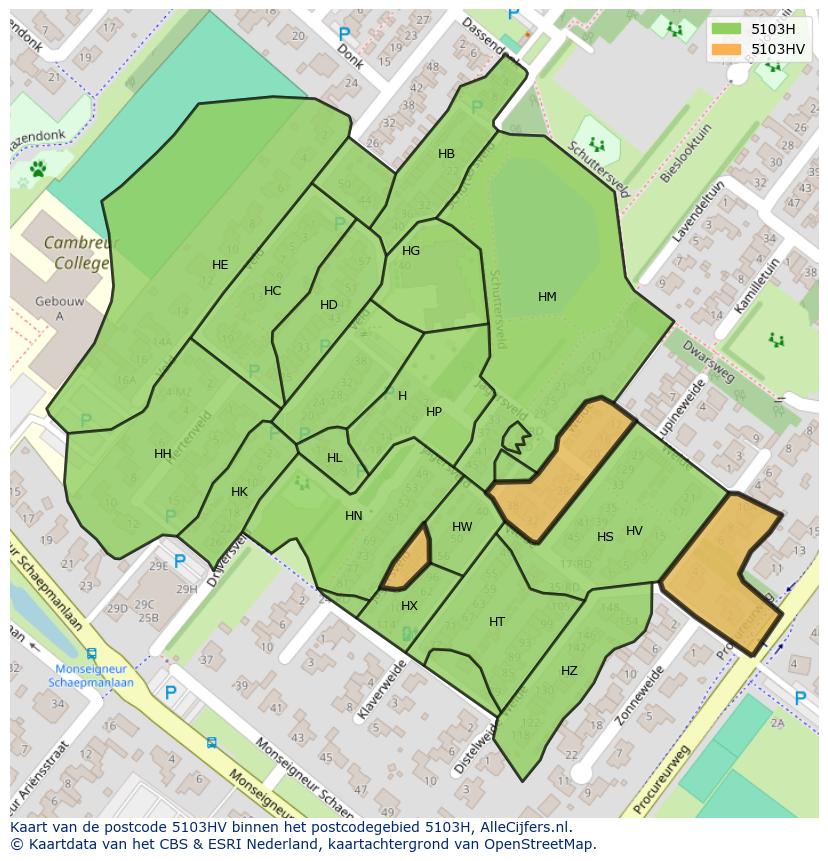 Afbeelding van het postcodegebied 5103 HV op de kaart.