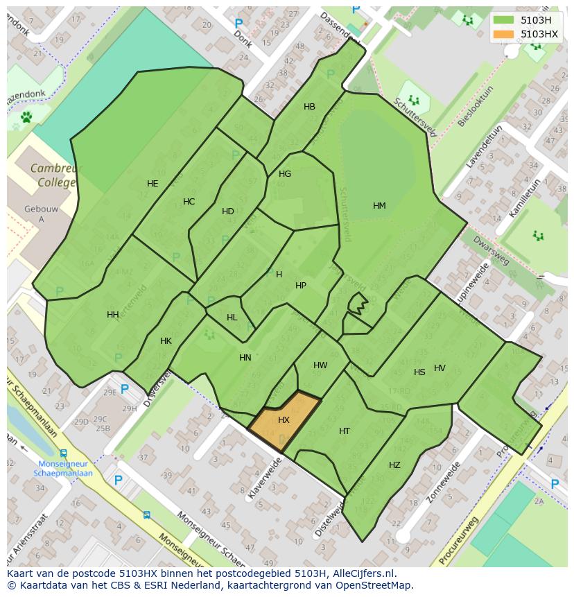 Afbeelding van het postcodegebied 5103 HX op de kaart.
