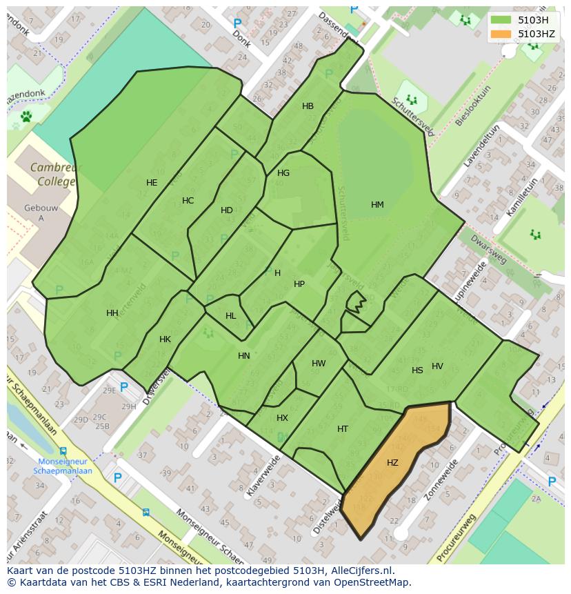 Afbeelding van het postcodegebied 5103 HZ op de kaart.