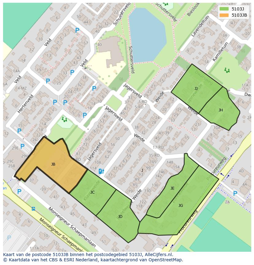 Afbeelding van het postcodegebied 5103 JB op de kaart.