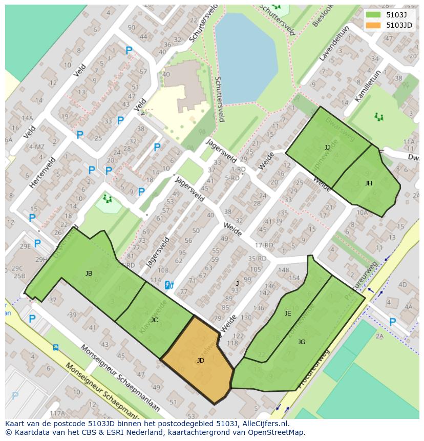 Afbeelding van het postcodegebied 5103 JD op de kaart.