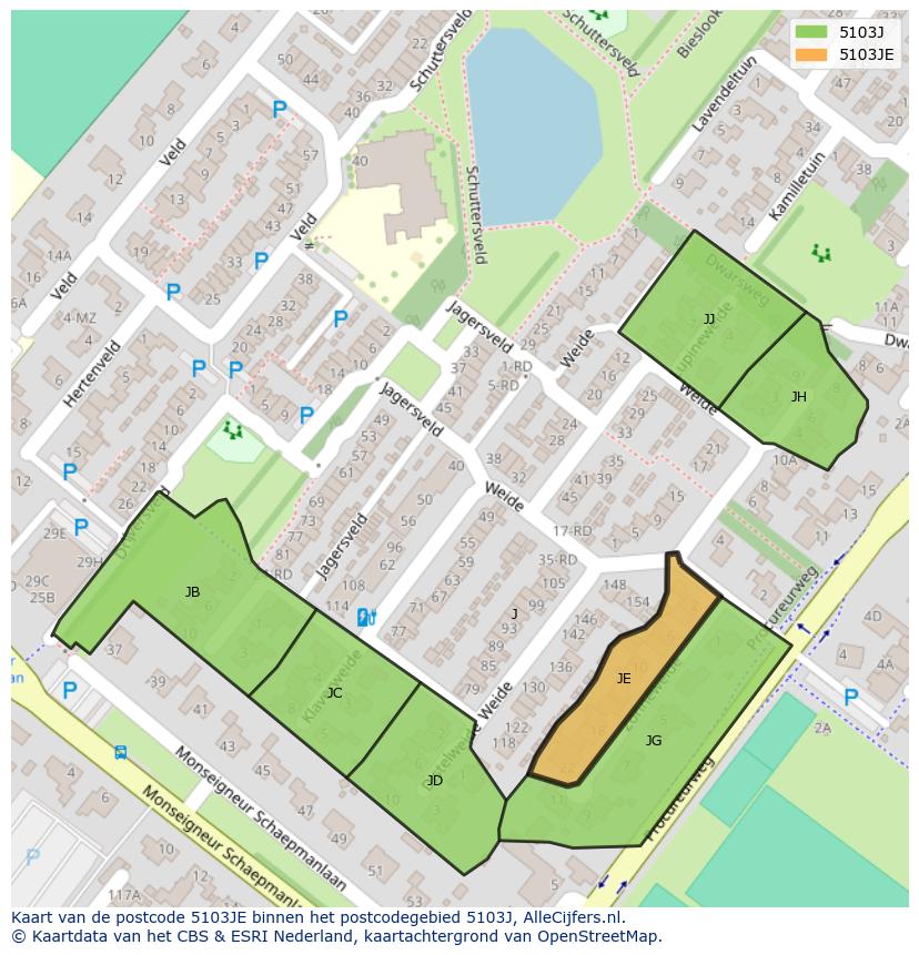 Afbeelding van het postcodegebied 5103 JE op de kaart.