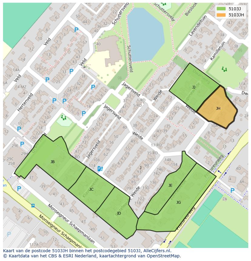 Afbeelding van het postcodegebied 5103 JH op de kaart.