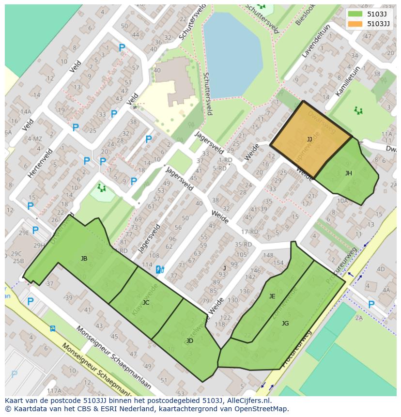 Afbeelding van het postcodegebied 5103 JJ op de kaart.