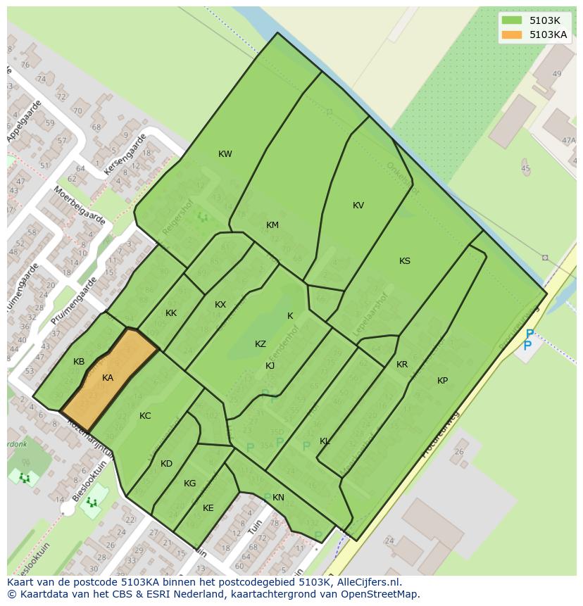 Afbeelding van het postcodegebied 5103 KA op de kaart.
